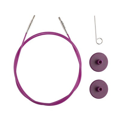 Purple Knitting needle cable on a white background