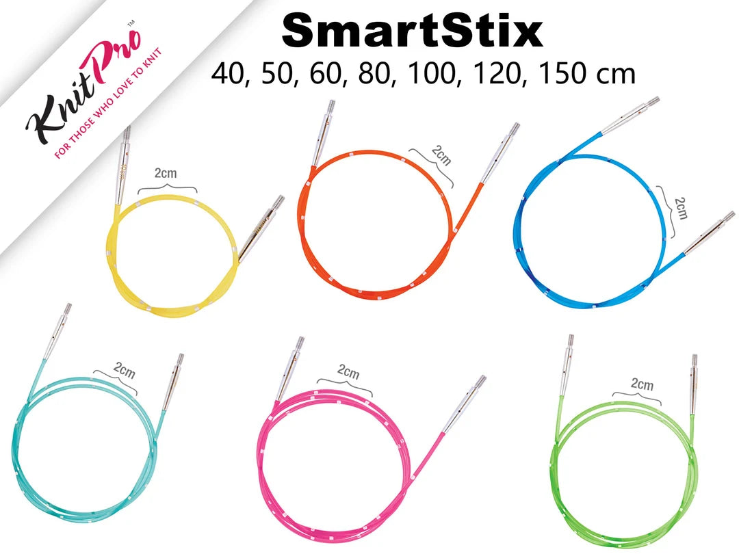 Set of Knitpro circular knitting needle cables with measurement labels on a white background, featuring the brand 'KnitPro'.