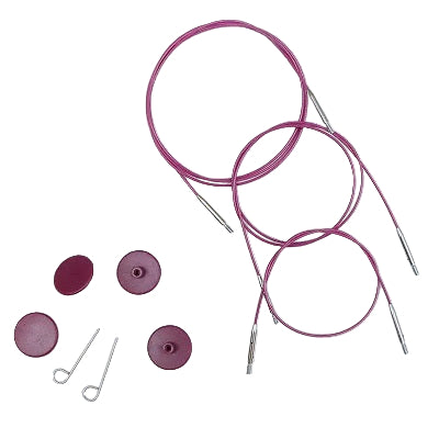 Purple Knitpro Knitting needle cables in various sizes on a white background