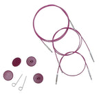 Purple Knitpro Knitting needle cables in various sizes on a white background