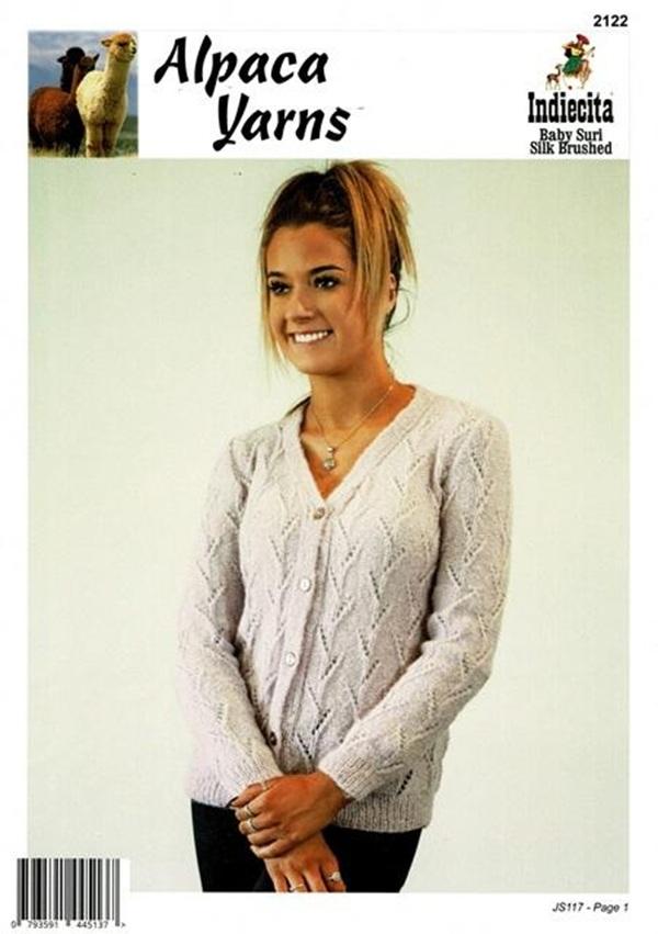 Knitting pattern leaflet for an alpaca yarn cardigan featuring a model wearing the garment.