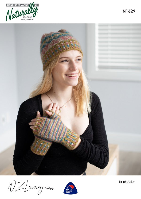 Woman wearing a colorful knitted hat and gloves with 'Naturally' branding.