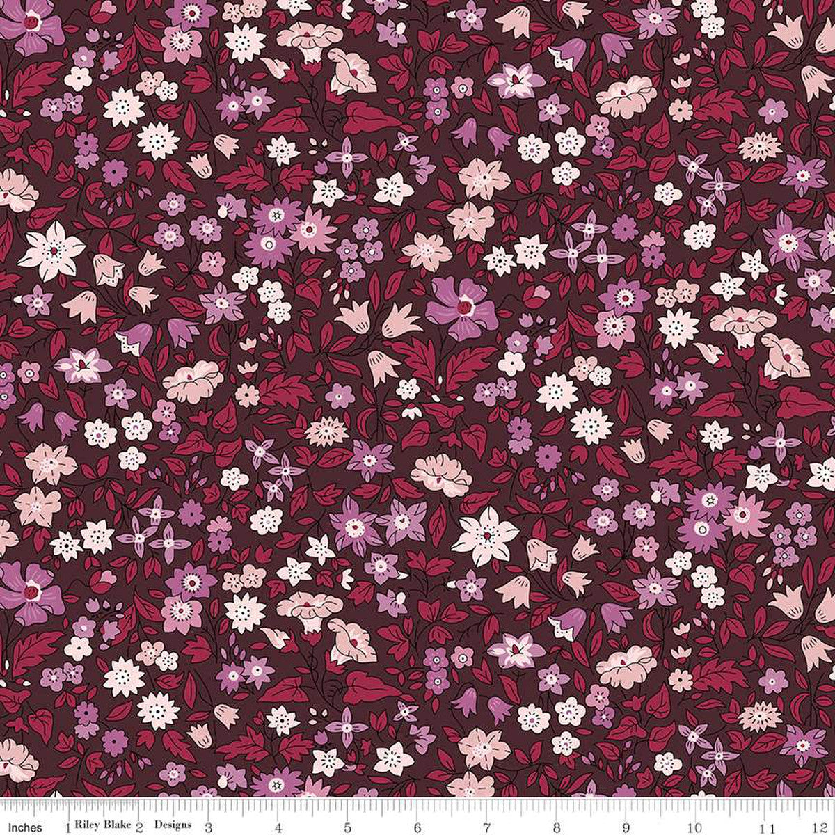 A Quilting fabric from the Liberty of London Flower Show Botanical Jewel Collection featuring a floral design with various colors including purple, red, and burgundy.