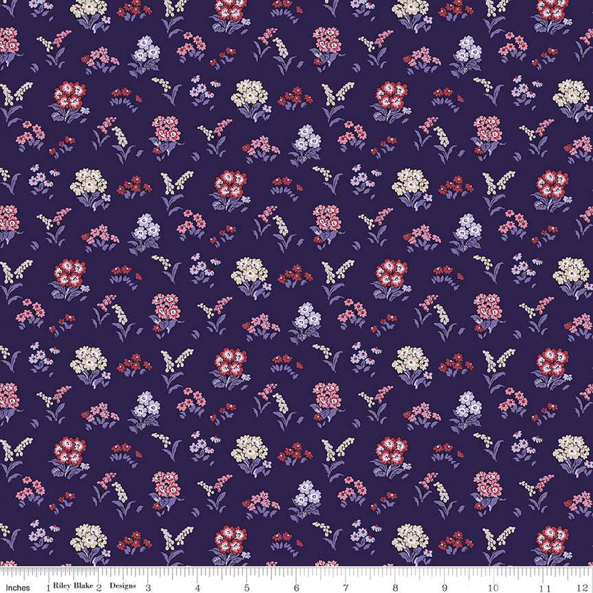 A Quilting fabric from the Liberty of London Flower Show Botanical Jewel Collection featuring a floral design with various colors including purple, red, and burgundy.