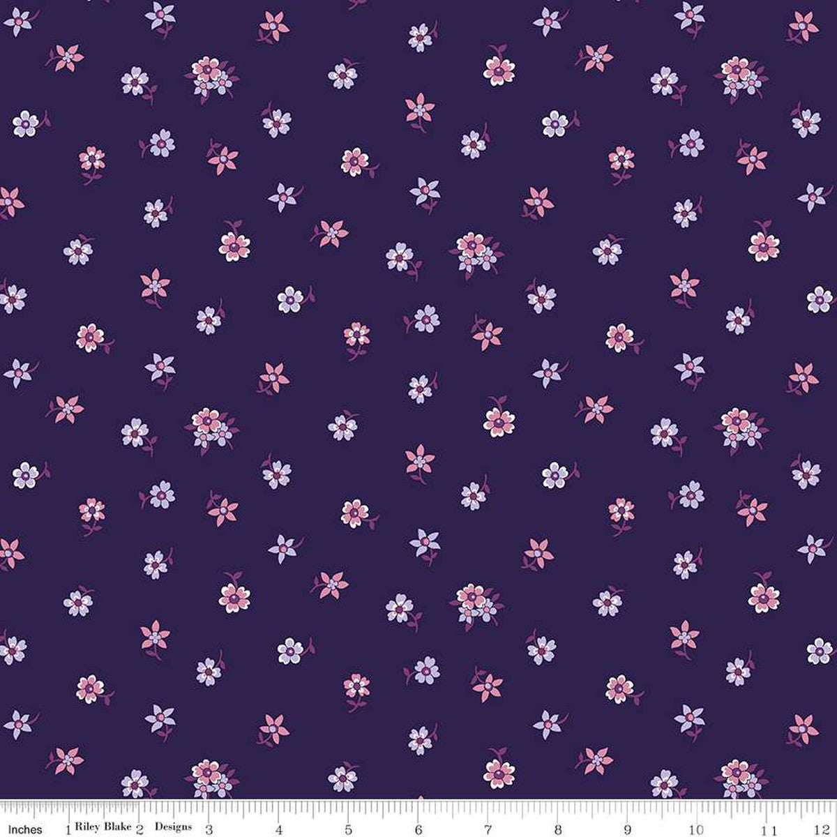A Quilt fabric from Liberty of London featuring a floral design with small pink and purple flowers on a dark background, indicative of the Flower Show Botanical Jewel Collection.