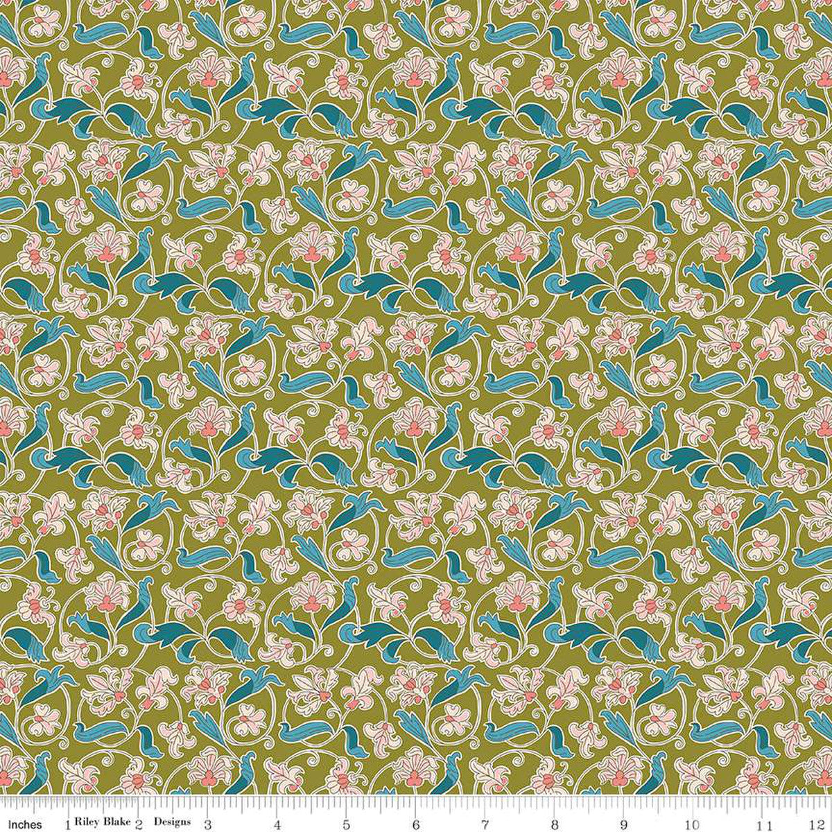 A Liberty of London Quilting fabric with a floral design, predominantly green with touches of pink and blue, designed for quilting and creative projects.