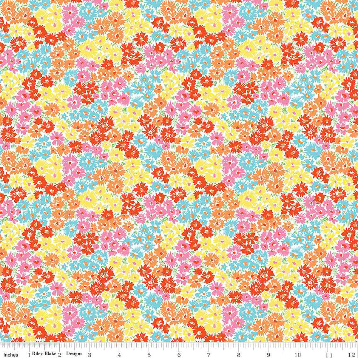 Liberty of London Quilting fabric design in pink, yellow, orange and blue.
