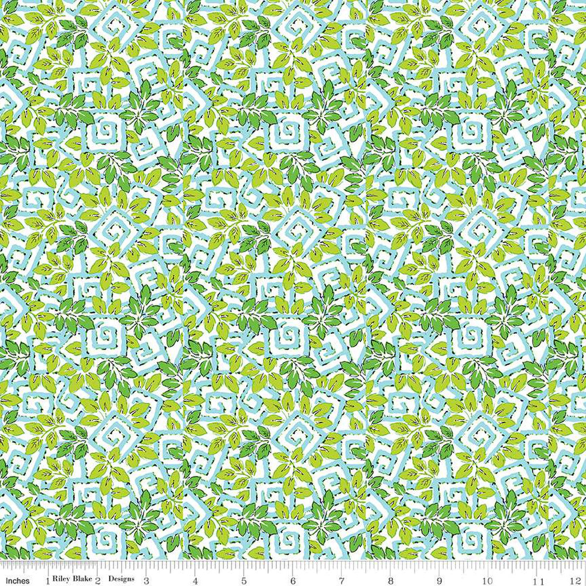 Liberty of London graphic Quilting fabric design in green and blue.