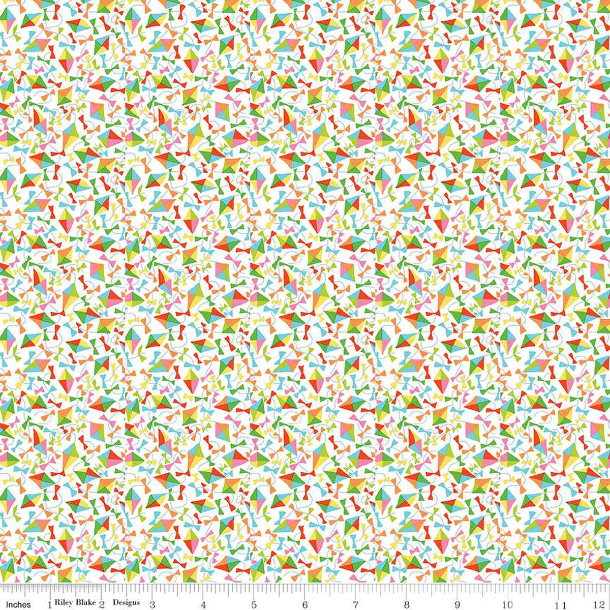 A sample of Liberty Fabrics Quilting fabric featuring a design of colorful kites and floral elements on a white background.