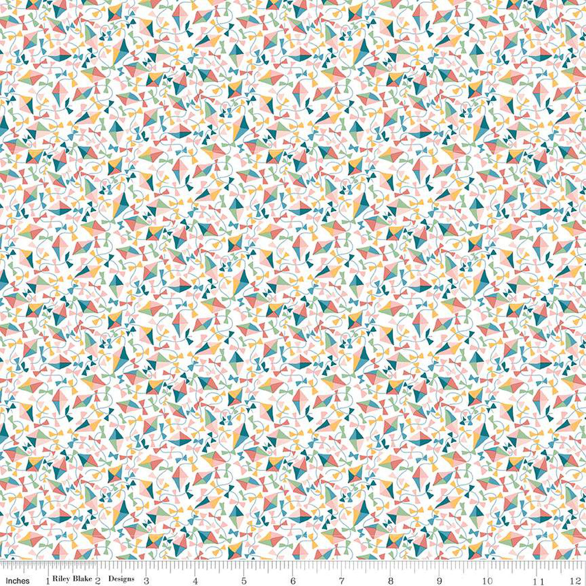 A Quilting fabric from the Liberty of London Parks Collection featuring a repeating design of multicolored kites set against a white background.