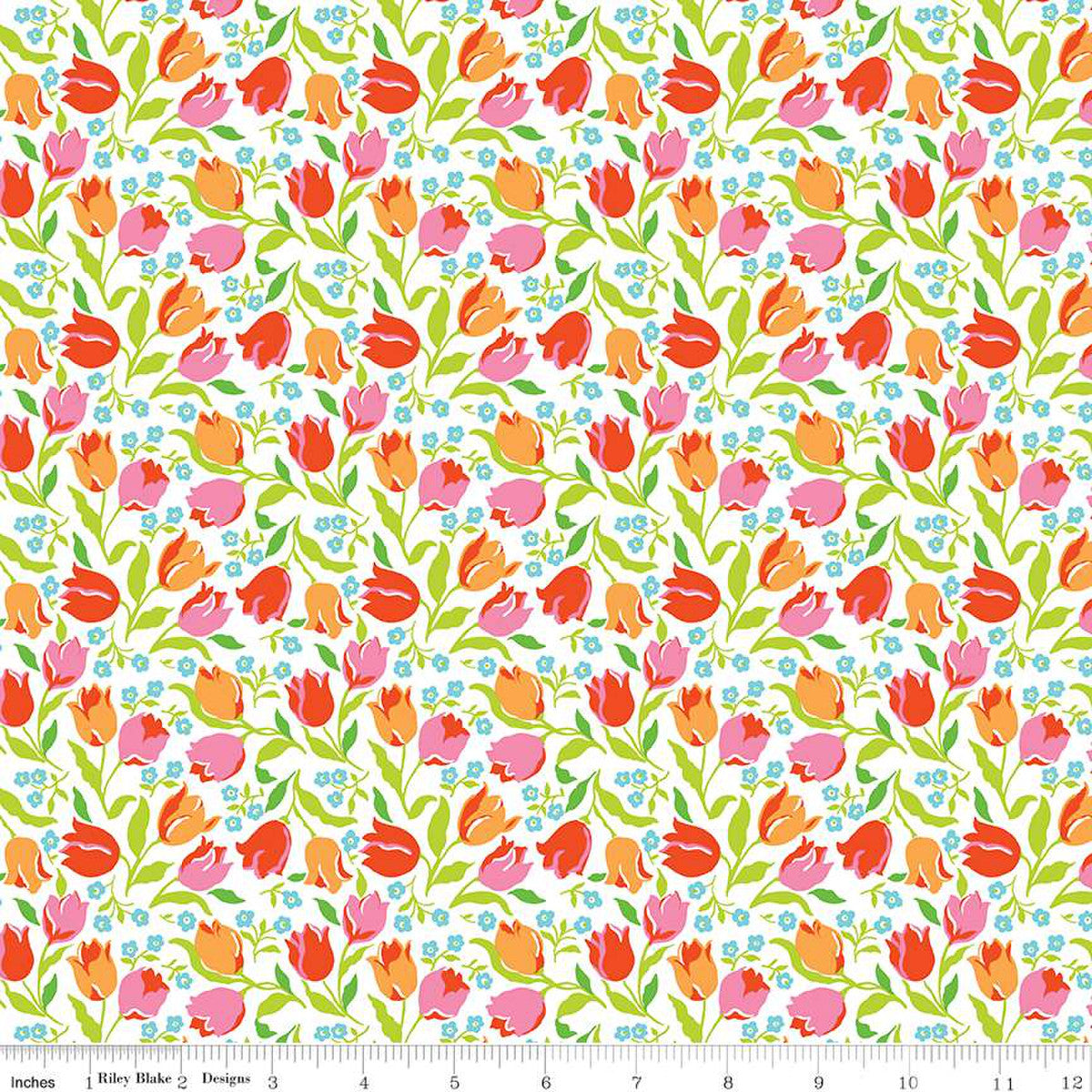 A Liberty of London Quilting fabric with a floral design featuring tulips in various colors on a light background, with the Liberty Fabrics brand logo at the bottom.