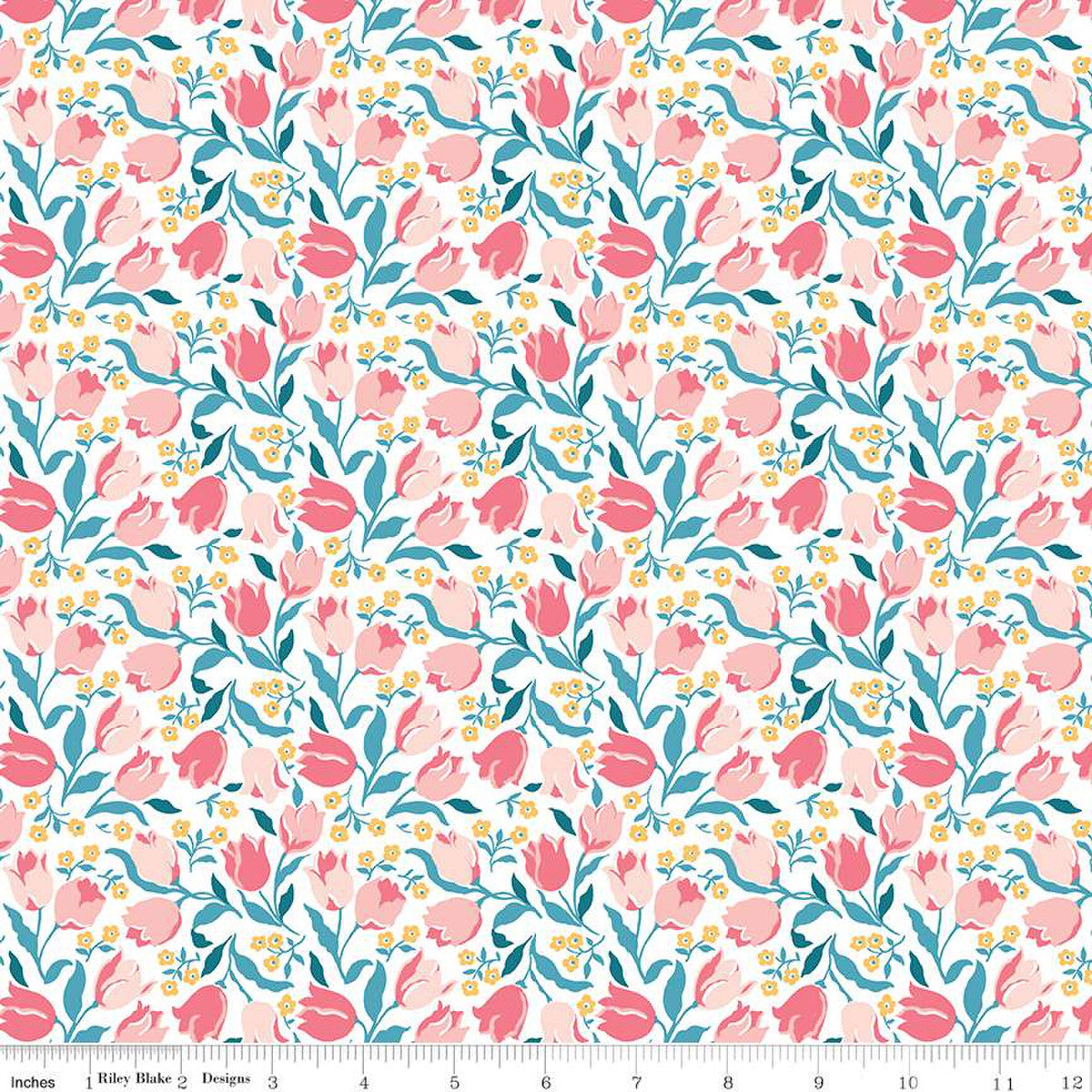 A Liberty of London Quilting fabric with a floral design featuring tulips in various colors on a light background, with the Liberty Fabrics brand logo at the bottom.