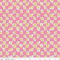 A Quilt fabric from Liberty of London, featuring a pink background with yellow floral posy designs.