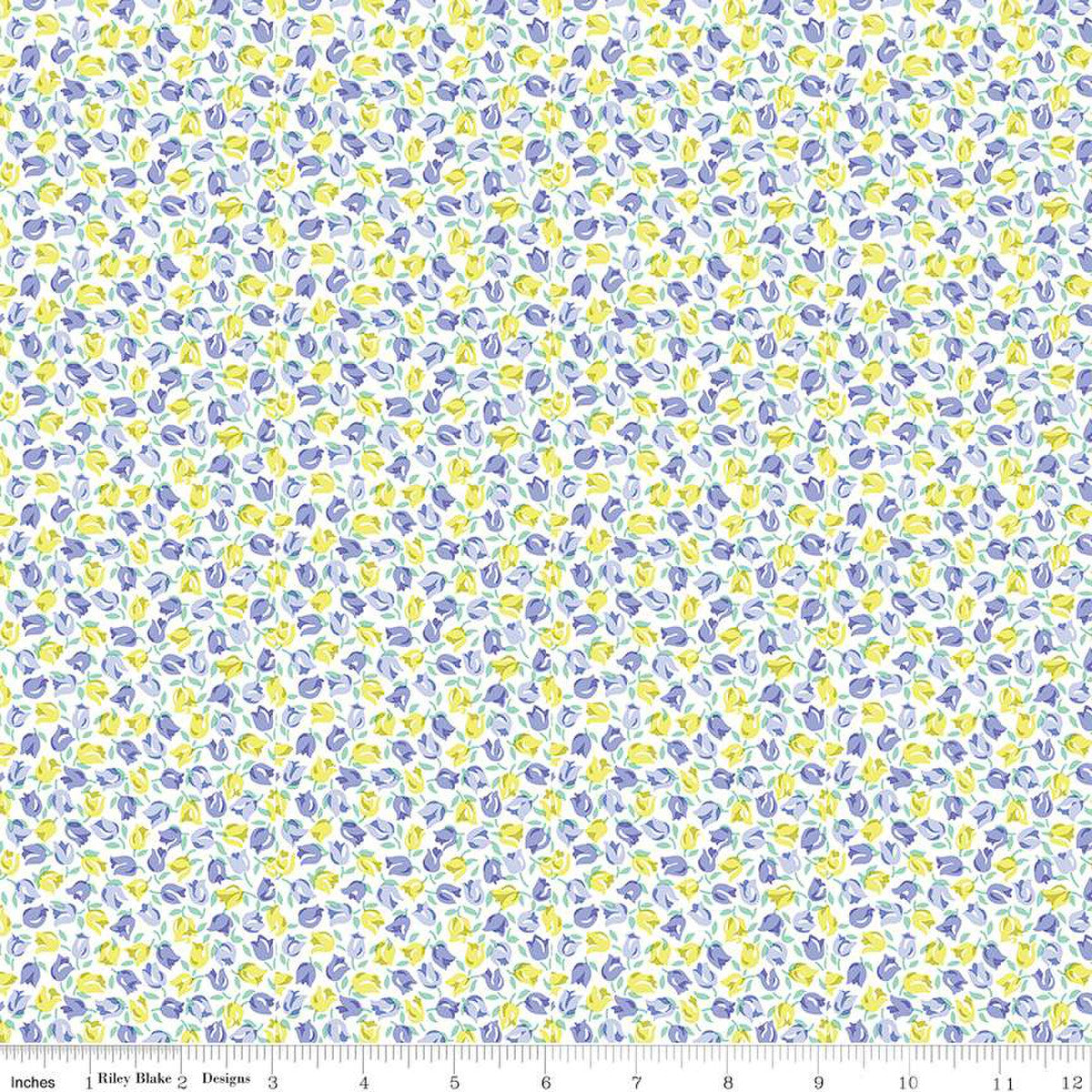 A Liberty of London Quilting fabric with a floral design featuring small yellow and blue flowers on a pastel background.