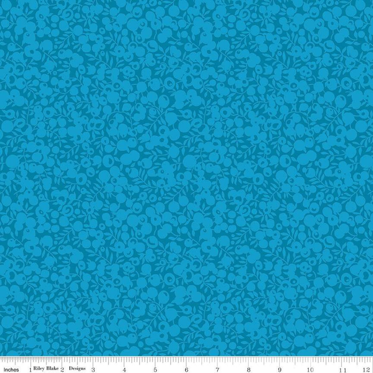 A close-up of a turquoise fabric with a small all-over leaf and berry design, part of the Liberty of London Wiltshire Shadow Blender Collection.