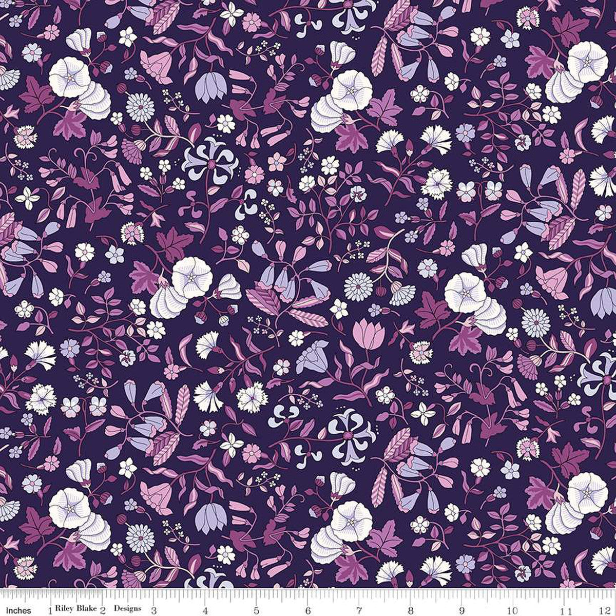 A Quilt fabric from Liberty of London featuring a floral design with small pink and purple flowers on a dark background, indicative of the Flower Show Botanical Jewel Collection.