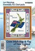 Cross stitch chart pack for the Map & Flag of New Zealand with a scenic background.