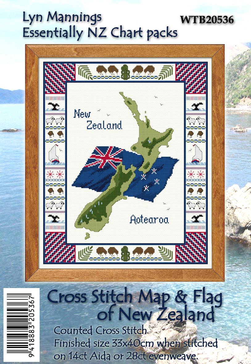 Cross stitch chart pack for the Map & Flag of New Zealand with a scenic background.