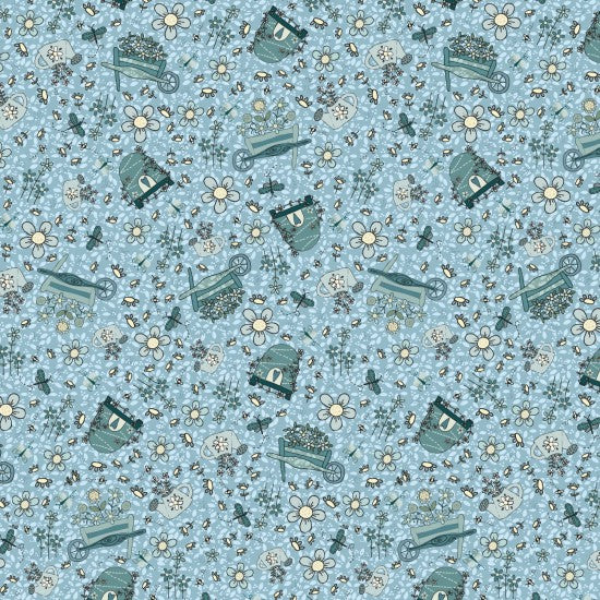 A Quilt fabric featuring garden icons such as watering cans, flowers, and butterflies on a light blue background.