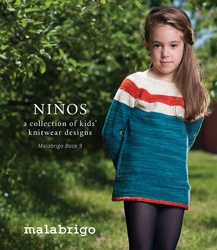 Cover of the Malabrigo Knitting Pattern Book 9, featuring a young girl outdoors wearing a colorful striped knitted sweater.