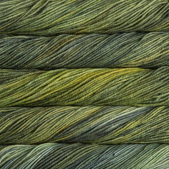 Close-up of multicolored Malabrigo Rios yarn with multi-green hues.