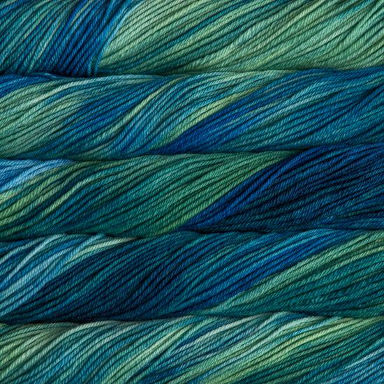 Close-up of multicolored Malabrigo Rios yarn with turquoise, blue & green  hues.