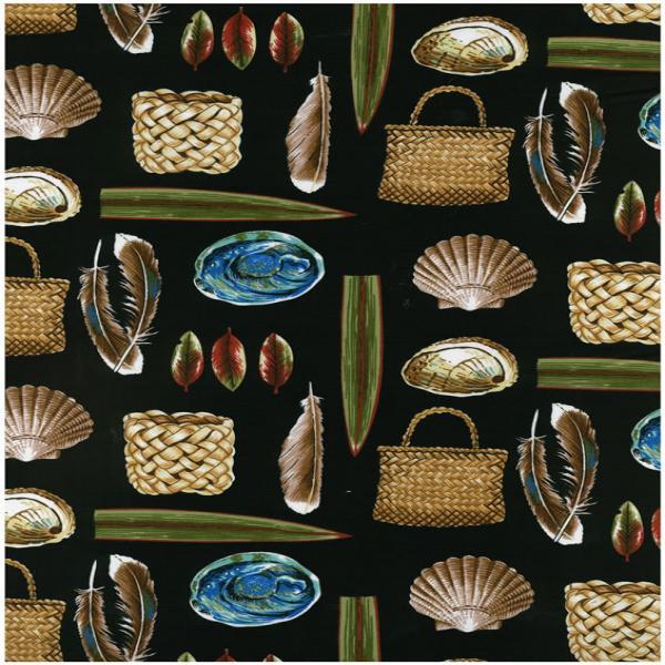 Pattern of baskets, shells, and feathers on a black background