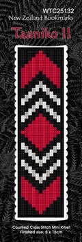 New Zealand designed Cross-stitch bookmark with a Maori Taaniko pattern.