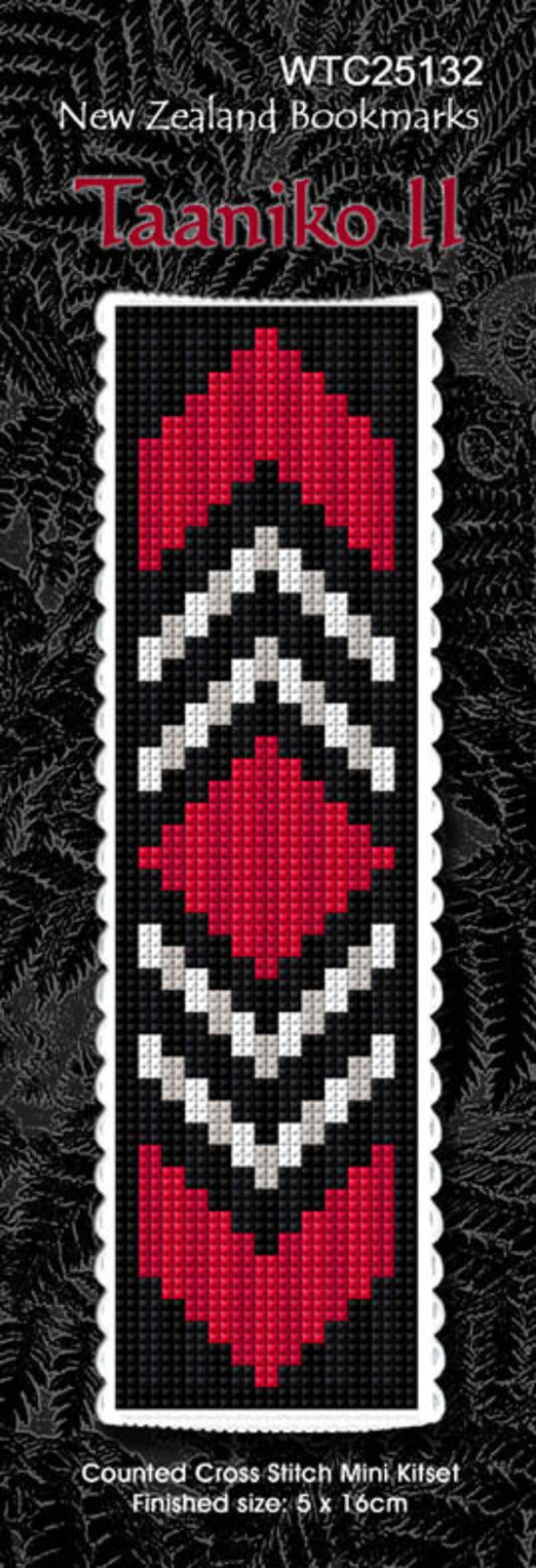 New Zealand designed Cross-stitch bookmark with a Maori Taaniko pattern.