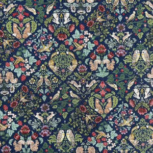 Art Nouveau Symphony  - Tiny Foxes, Owls, Doves, Rabbits & Squirels in Trellis pattern on Navy Background