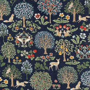 Art Nouveau Symphony  - Tiny Foxes, Deer, Owls, Doves, Rabbits & Squirels in Forest pattern on Navy Background