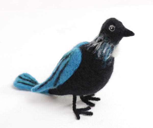 Sample of a needle felted New Zealand Tui on a white background