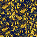 A close up of a repeating botanical pattern of yellow kowhai flowers on dark brown branches with green leaves, set against a deep navy blue background.