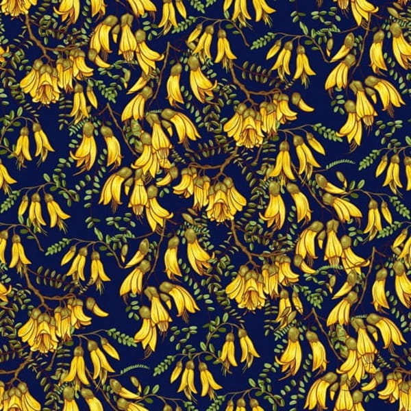 A close up of a repeating botanical pattern of yellow kowhai flowers on dark brown branches with green leaves, set against a deep navy blue background.