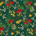 A close up of a repeating botanical pattern on a dark teal-green background, featuring red Pohutukawa flowers, yellow Kowhai flowers, green leaves, and small white blossoms.
