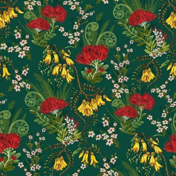 A close up of a repeating botanical pattern on a dark teal-green background, featuring red Pohutukawa flowers, yellow Kowhai flowers, green leaves, and small white blossoms.
