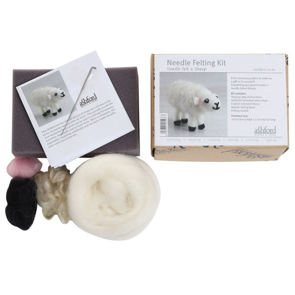 Needle felting kit with a ball of white wool, a needle, and instructions on a white background.