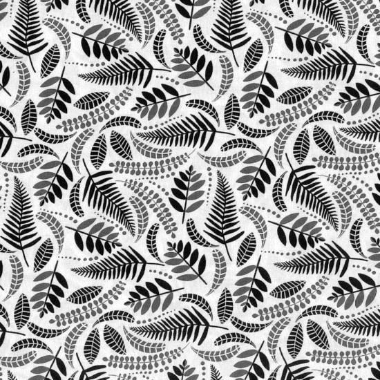 New Zealand designed quilt fabric with a pattern of stylized ferns in black & grey on a white background