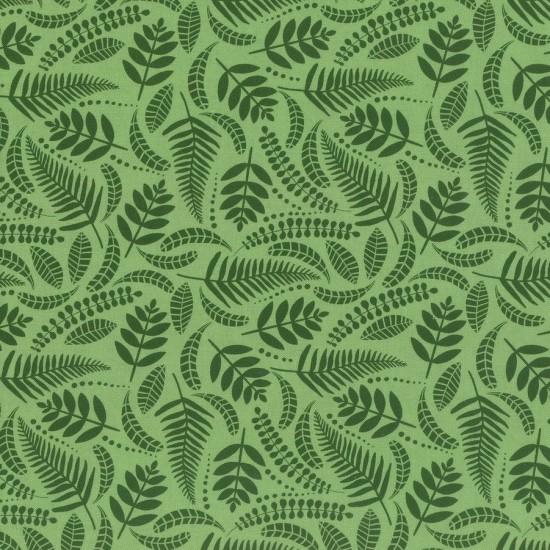 New Zealand designed quilt fabric with a pattern of stylized ferns in dark green on a medium green background