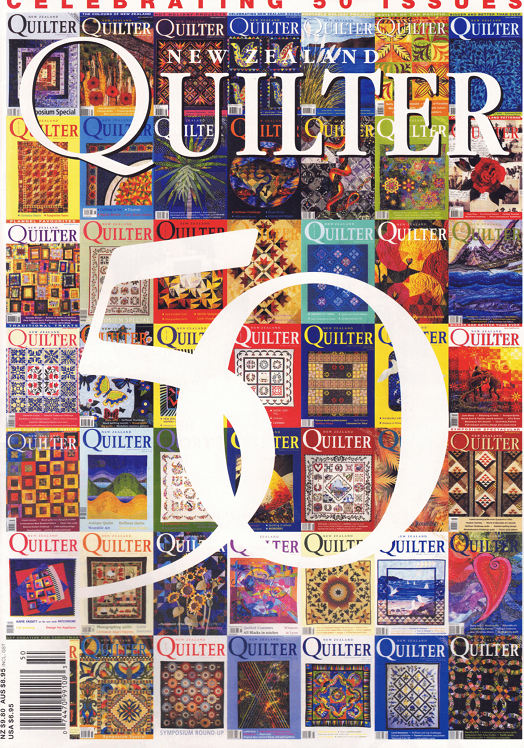 Cover of 'Quilter' magazine celebrating 50 issues with a collage of quilt patterns.