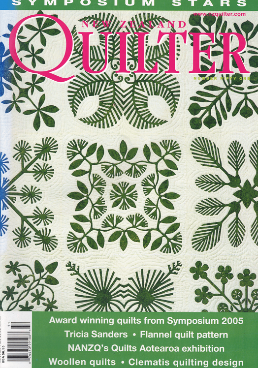 Cover of 'New Zealand Quilter' magazine with quilt patterns and text.