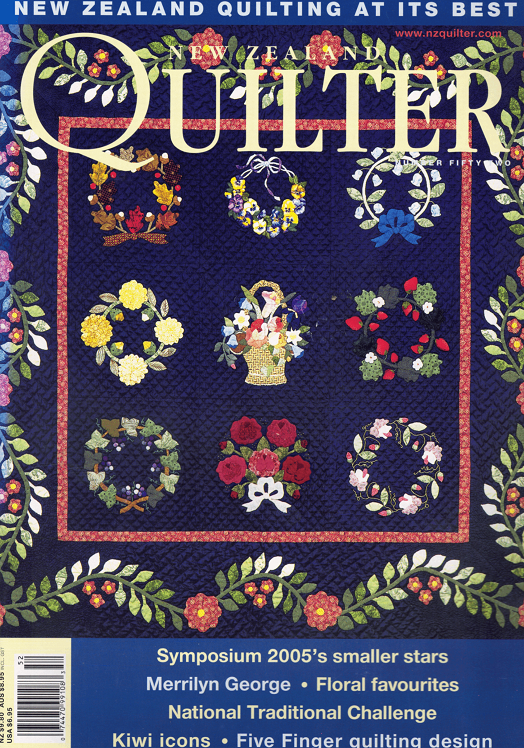 Cover of 'New Zealand Quilter' magazine featuring a quilt with floral designs on a blue background.