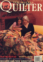 Magazine cover featuring two women working on a quilt with text about New Zealand Quilter and Sue Wademan.