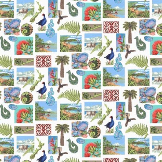 Patterned quilt fabric with New Zealand scenes, birds, and plants on a white background