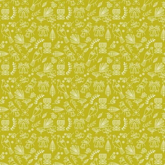 New Zealand designed quilt fabric  by Ellen  Giggenbach with pattern tiny bird and plant motifs outlined in white on a bright yellow background. 