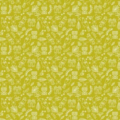 New Zealand designed quilt fabric  by Ellen  Giggenbach with pattern tiny bird and plant motifs outlined in white on a bright yellow background. 