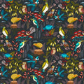 New Zealand designed quilt fabric by Ellen  Giggenbach with pattern of colorful birds and flowers on a charcoal background.