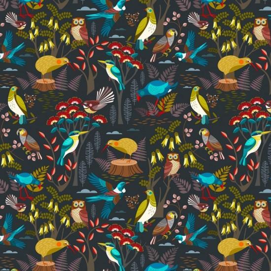 New Zealand designed quilt fabric by Ellen  Giggenbach with pattern of colorful birds and flowers on a charcoal background.