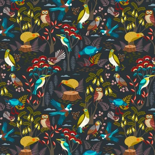 New Zealand designed quilt fabric by Ellen  Giggenbach with pattern of colorful birds and flowers on a charcoal background.