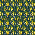 New Zealand designed quilt fabric  by Ellen  Giggenbach with pattern of kowhai blossoms on a navy background.